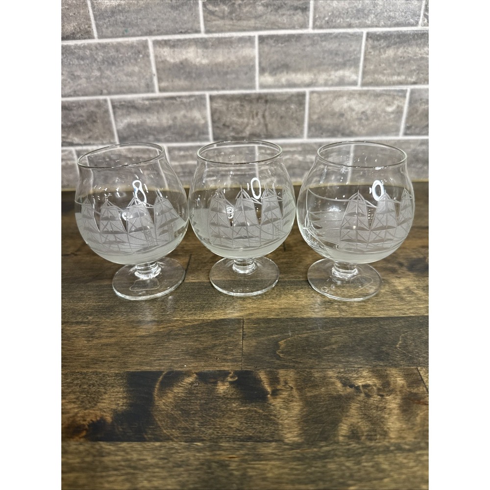 3 Brandy Snifter  Glasses The Clipper Ship by Toscany Etched 3.5"‎